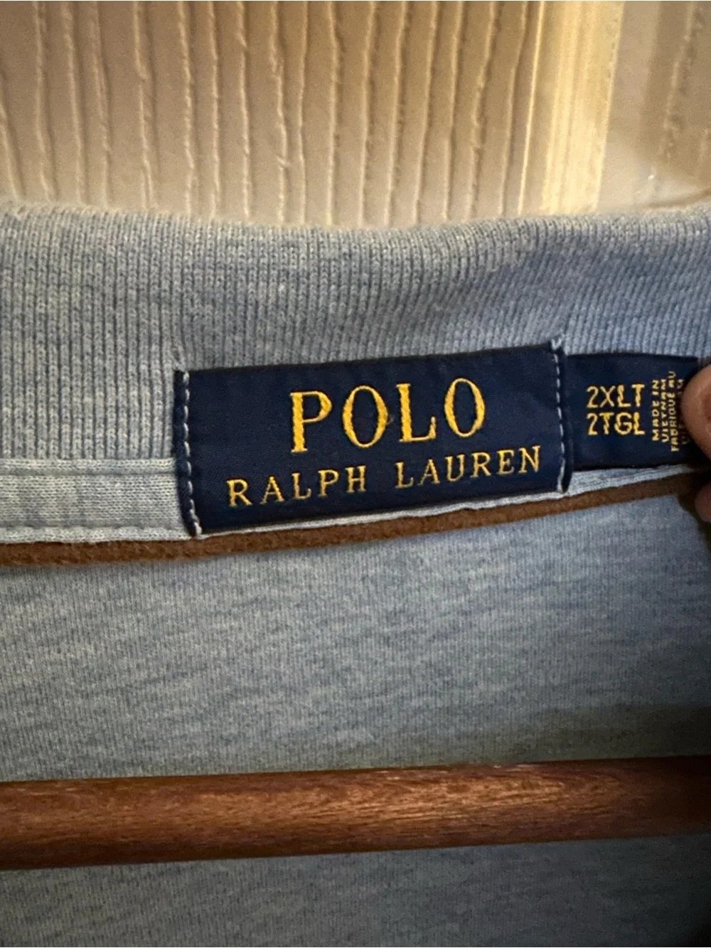 Ralph Lauren Light Blue Long-Sleeve Polo with Brown Placket Trim